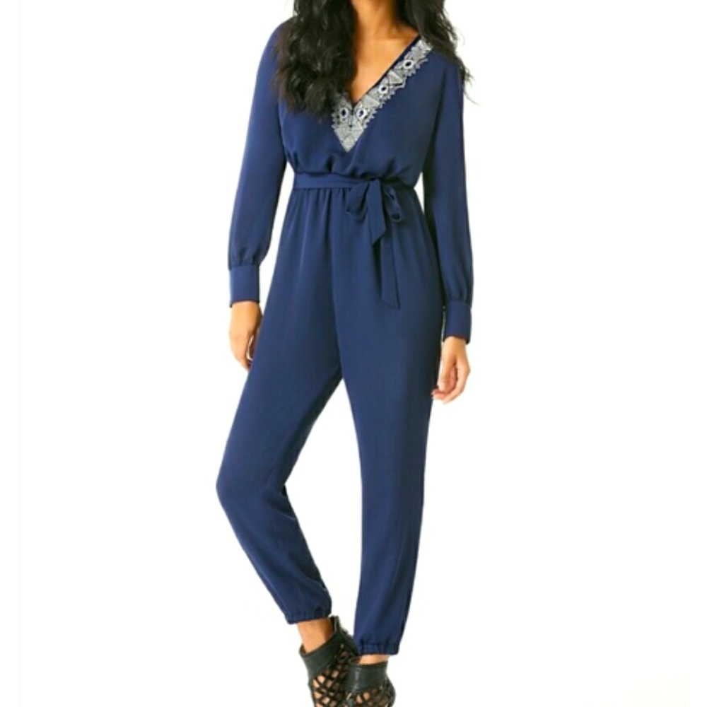 Bebe Navy Jumpsuit with Lace Detail